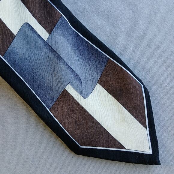 Vintage Y2K Silk Neck Tie geometric grey ribbon brown cream black wood texture - Picture 13 of 14
